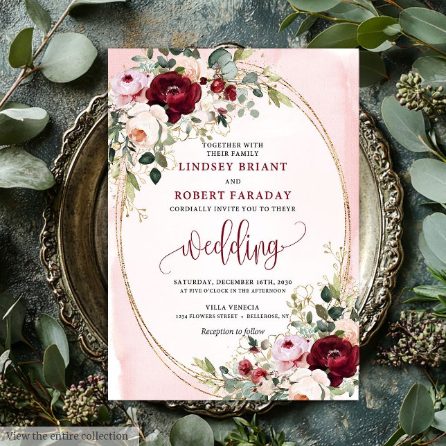Invitation Florale Chic Boho Bourgogne Blush Or (Chic Boho Burgundy Blush Gold Floral Invitation)