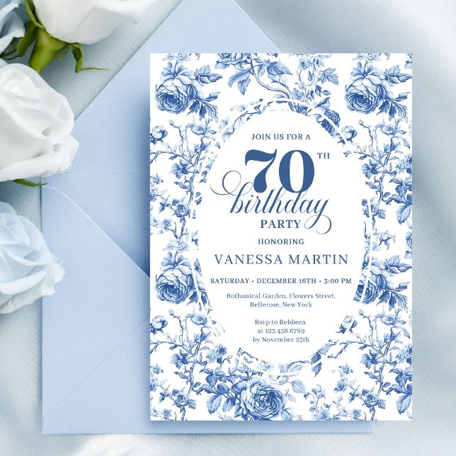 Invitation florale classique bleu marine pour 70e  (Navy Blue 70th Birthday Classic Floral Invitation)