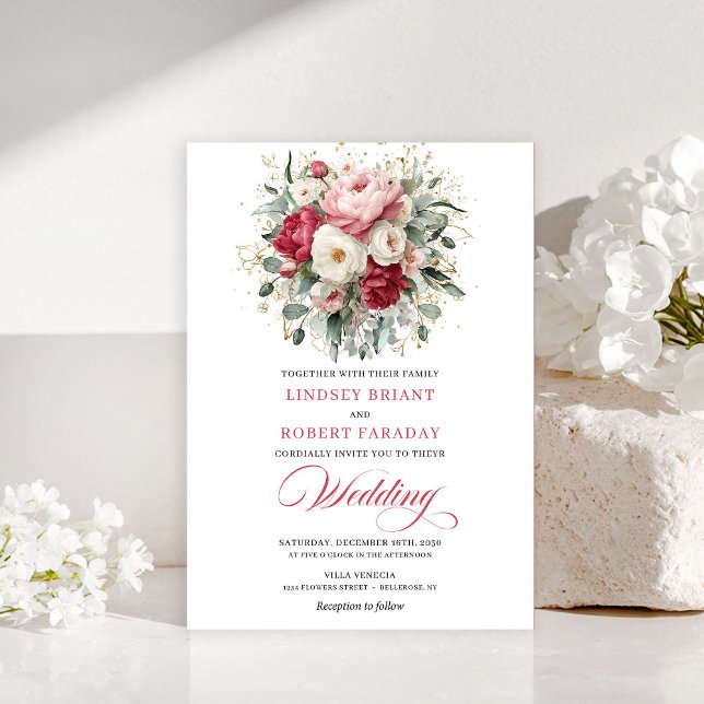 Invitation florale classique boho rouge rubis doré (Classic Boho Ruby Red Blush Gold Floral Invitation)