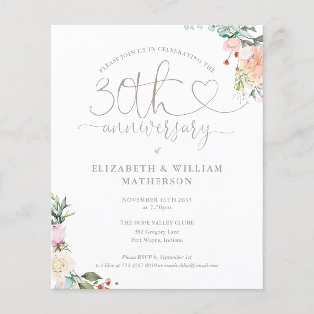 Invitation florale cœur pour le 30e anniversaire d (Devant)