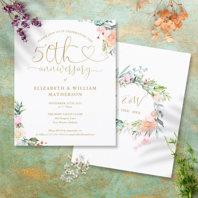 Invitation florale cœur pour le 50e anniversaire B (Créateur téléchargé)