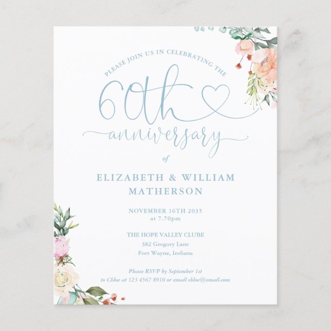 Invitation florale cœur pour le 60e anniversaire B (Devant)