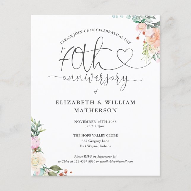 Invitation florale cœur pour le 70e anniversaire (Devant)