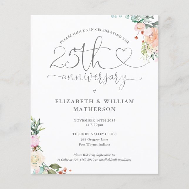 Invitation florale cœur pour les 25 ans de mariage (Devant)