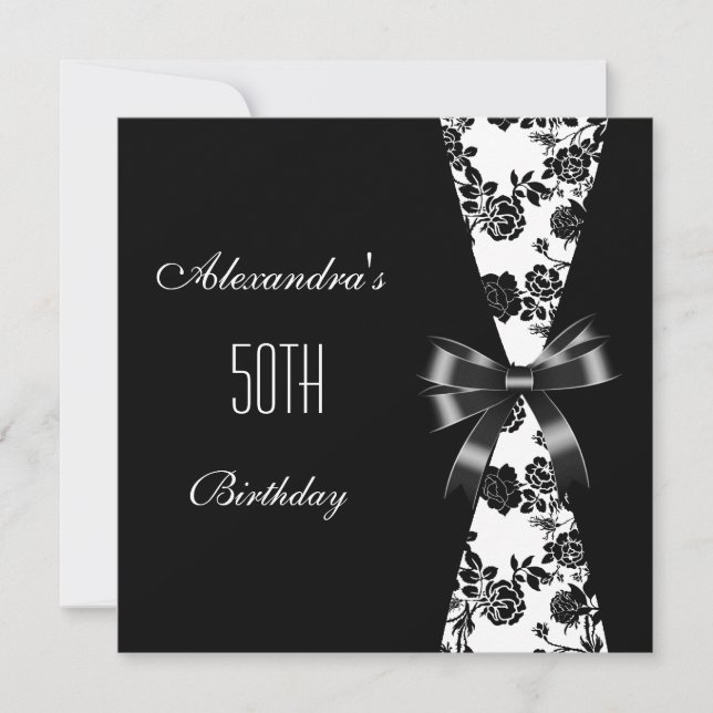 Invitation Florale Damask Noir Blanc 50e Anniversa (Devant)