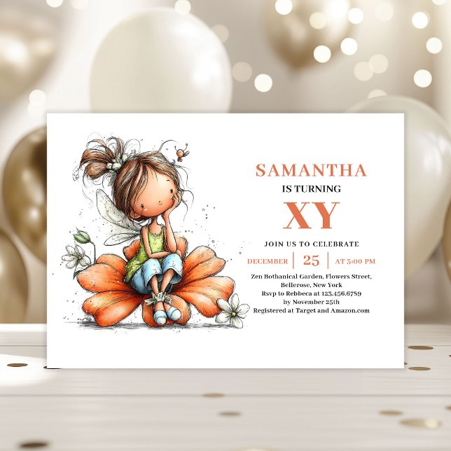 Invitation florale d'anniversaire de Fée Capriceus (Whimsy Fairy Girl Birthday Floral invitation)