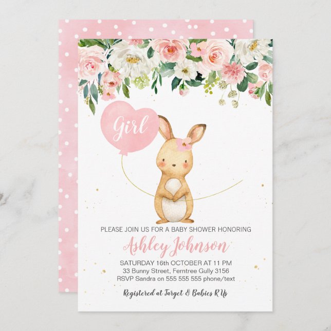 Invitation florale de baby shower de lapin de (Devant / Derrière)