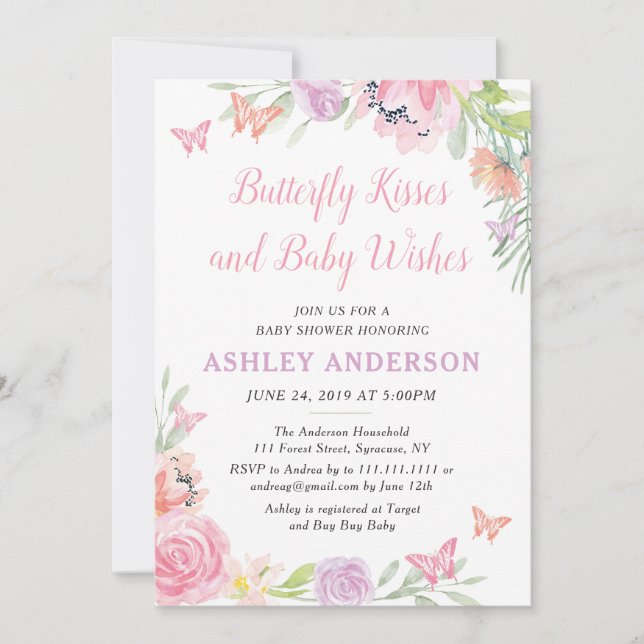 Invitation florale de baby shower de papillon (Devant)