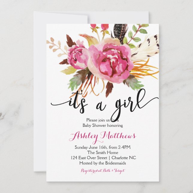 Invitation florale de baby shower de plumes (Devant)