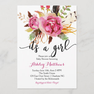 Invitation florale de baby shower de plumes