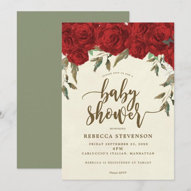 invitation florale de baby shower de roses rouges (Devant / Derrière)