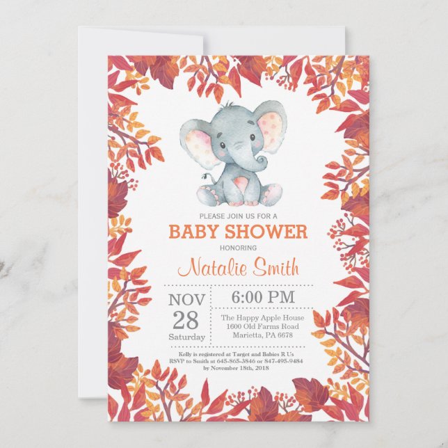 Invitation Florale de Bébé Éléphant pour une Baby  (Devant)