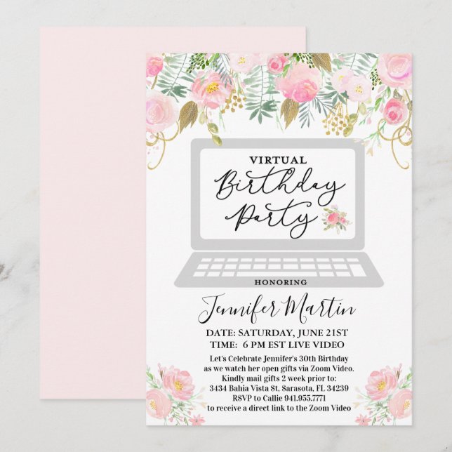 Invitation florale de fête d'anniversaire virtuell (Devant / Derrière)
