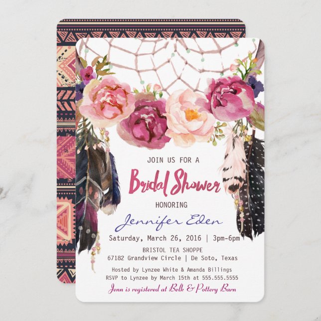 Invitation florale de Fête de la mariée de Boho (Devant / Derrière)