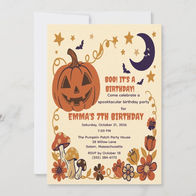 Invitation florale de lune de citrouille d'Hallowe (Devant)