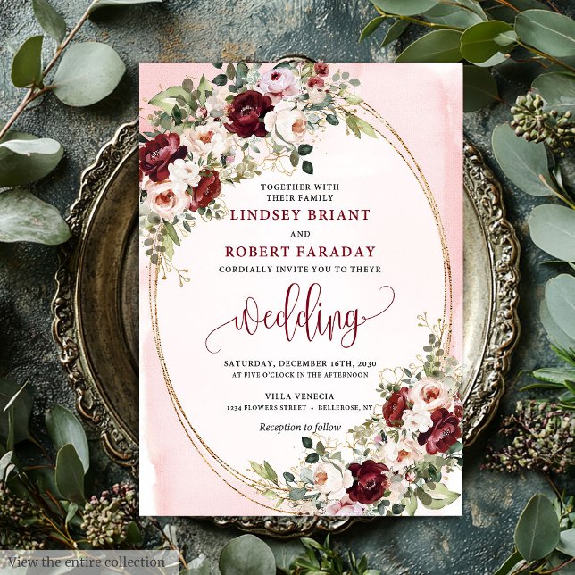Invitation Florale de Luxe Boho Bourdon Blush Or (Luxury Boho Burgundy Blush Gold Floral Invitation)