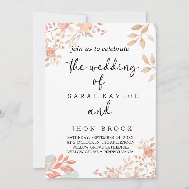 Invitation florale de mariage avec calligraphie no (Devant)