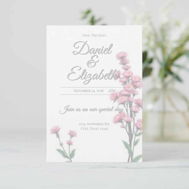 Invitation florale de mariage 'Save The Date' (Debout devant)