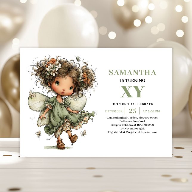 Invitation Florale de Naissance Fille Fée Magique (Magical Fairy Girl Birthday Greenery Floral Invitation)