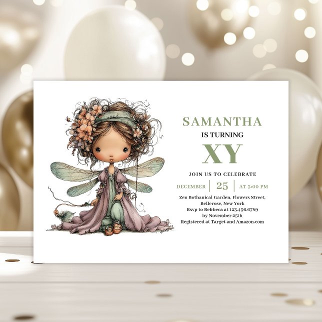 Invitation florale de verdure d'anniversaire de jo (Cute Fairy Girl Birthday Greenery Floral Invitation)