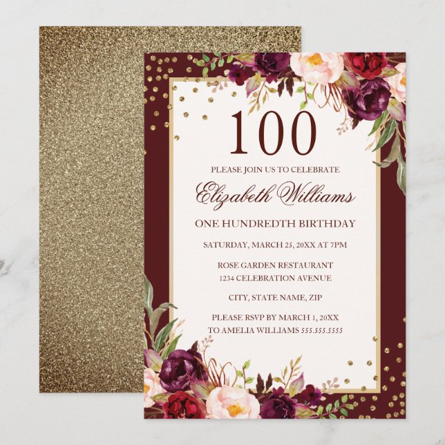 Invitation florale dorée de Bourgogne pour 100e an (Devant / Derrière)