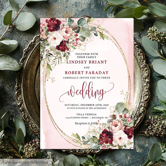 Invitation florale dorée et rose carmin bohème sop (Sophisticated Boho Maroon Blush Gold Floral Invitation

)