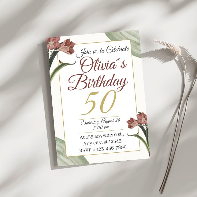 Invitation Florale Élégante 50 ans – Fleur dorée e (Créateur téléchargé)
