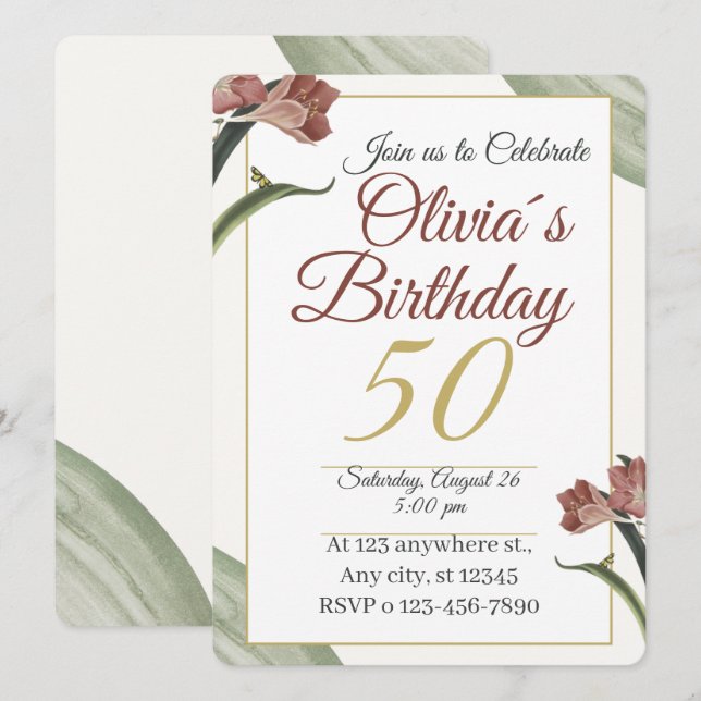 Invitation Florale Élégante 50 ans – Fleur dorée e (Devant / Derrière)