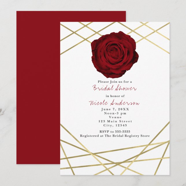 Invitation Florale Élégante Lignes Rouge Rose & Or (Devant / Derrière)