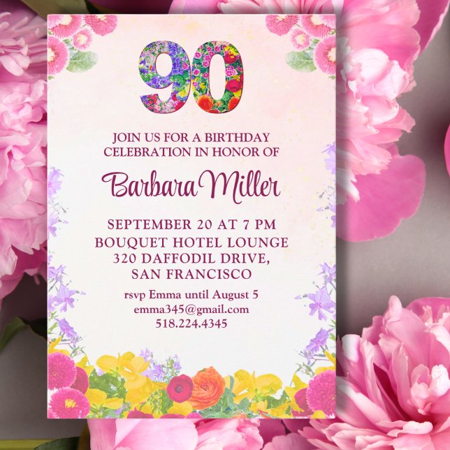Invitation florale élégante pastel pour 90e annive (Créateur téléchargé)