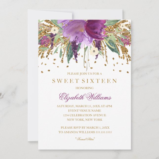 Invitation Florale Étincelante Améthyste pour un S (Devant)