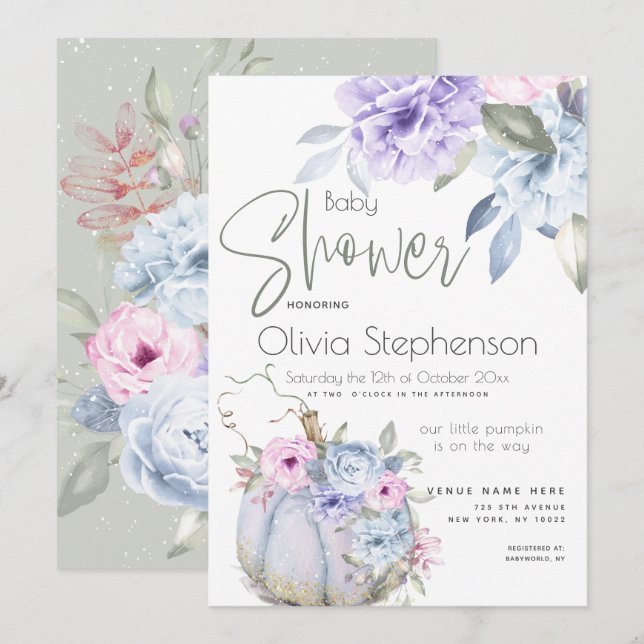 Invitation Florale Fête de Bébé Lilas Bleu Citroui (Devant / Derrière)