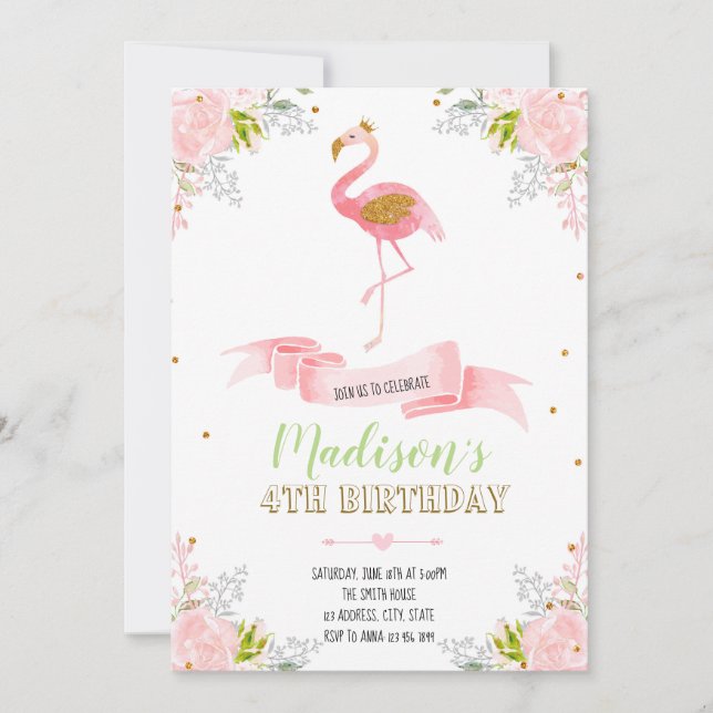 Invitation florale flamant rose (Devant)