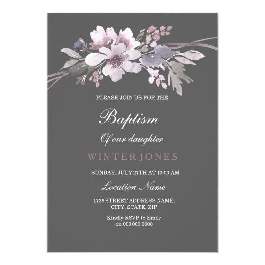 Invitation florale grise de baptême de bel hiver