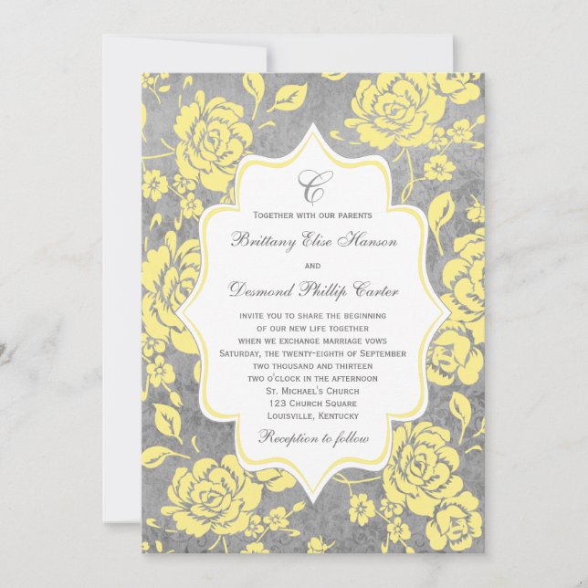 Invitation florale jaune de mariage damassé de (Devant)