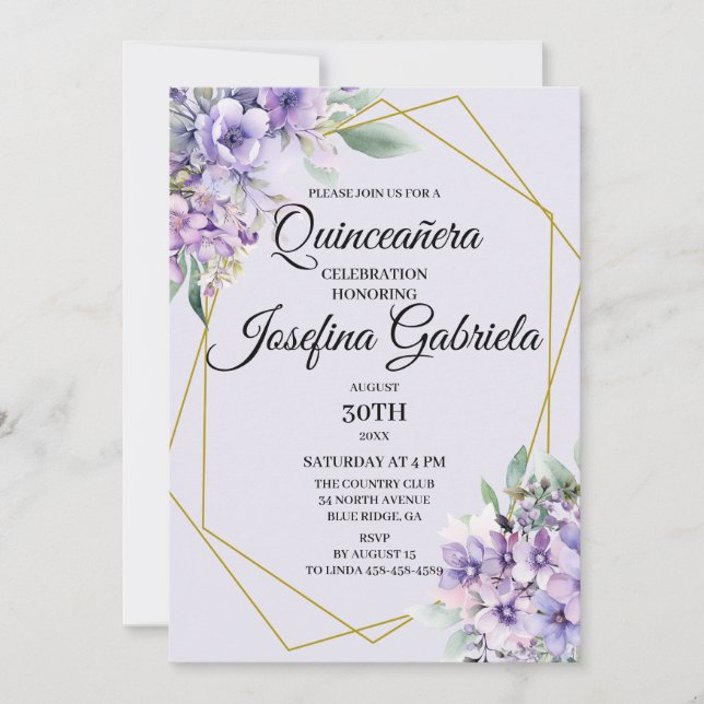Invitation florale lavande pour Quinceañera (Devant)
