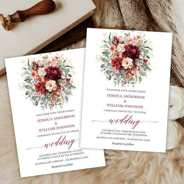 Invitation Florale Moderne Rouge Profond Eucalyptu (Modern Deep Red Floral Eucalyptus Fall Invitation

)
