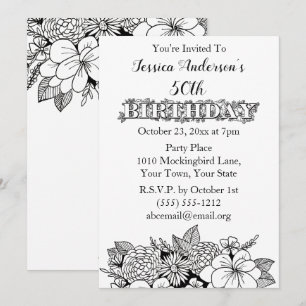 Invitation Florale Noir et Blanc pour les 50 ans