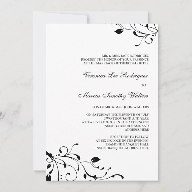 Invitation florale noire et blanche de décalque (Devant)