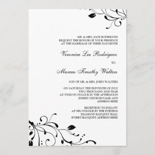 Invitation florale noire et blanche de décalque