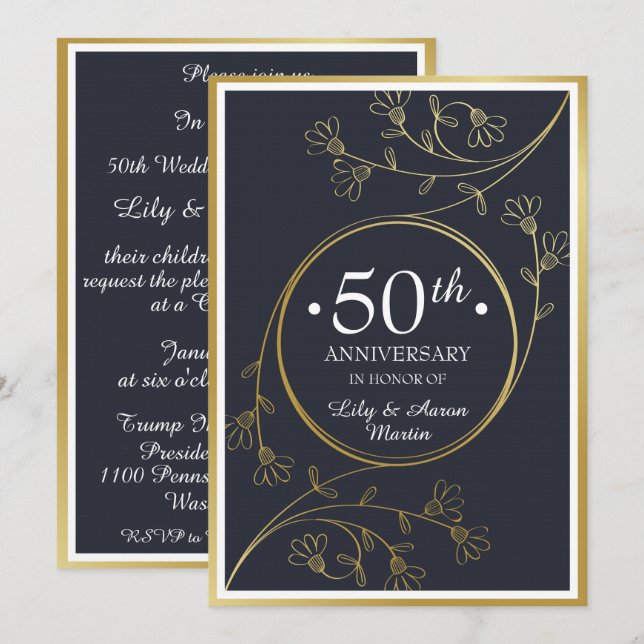 Invitation Florale Or pour les 50 ans de Mariage (Devant / Derrière)
