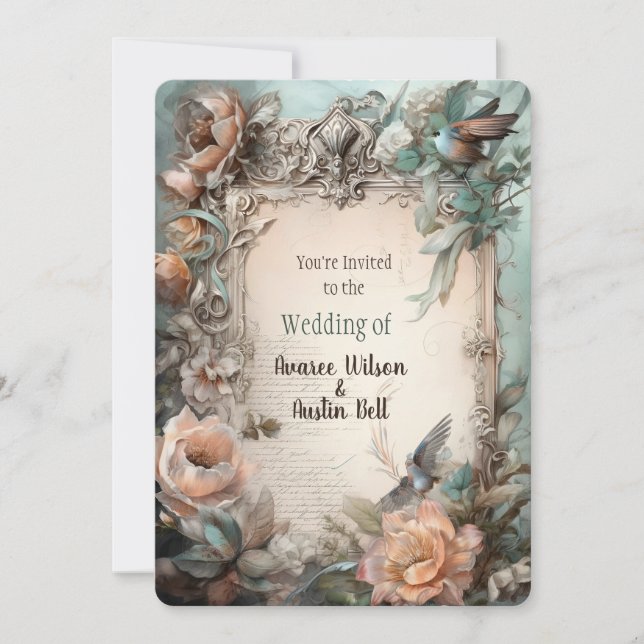 Invitation florale pastel rose bleu victorien (Devant)