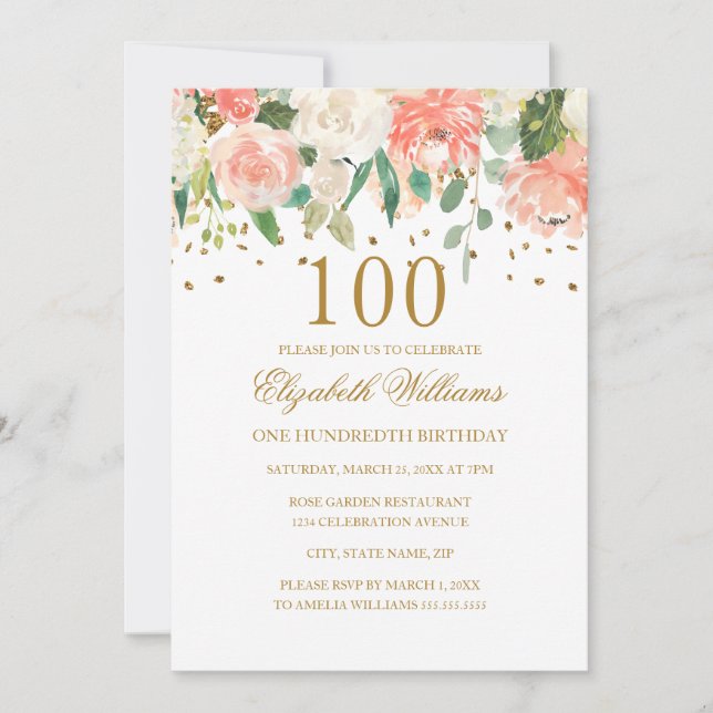 Invitation florale Peach Gold pour 100e anniversai (Devant)
