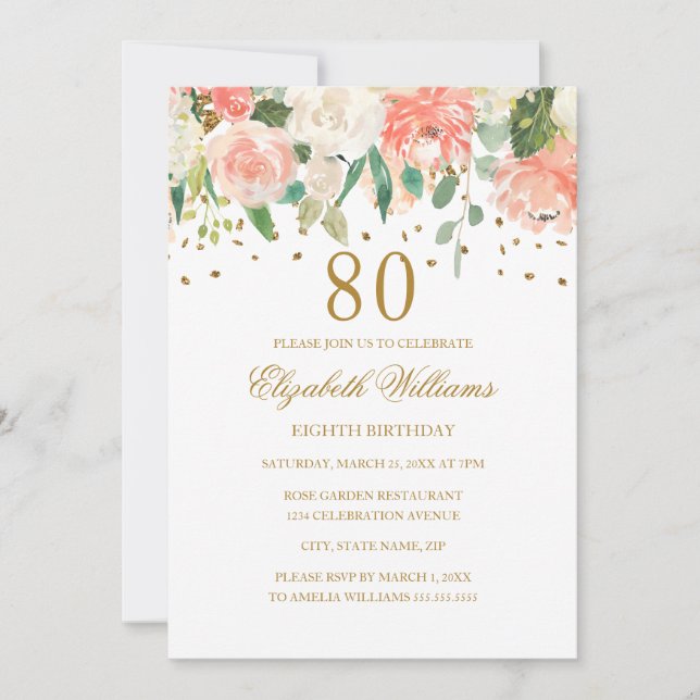 Invitation florale Peach Gold pour 80e anniversair (Devant)