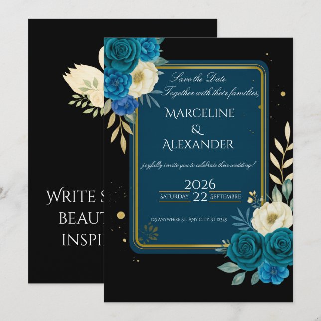 Invitation florale personnalisée Navy & Blush (Devant / Derrière)