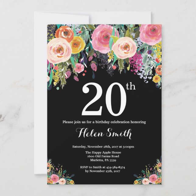 Invitation florale pour 20e anniversaire (Devant)