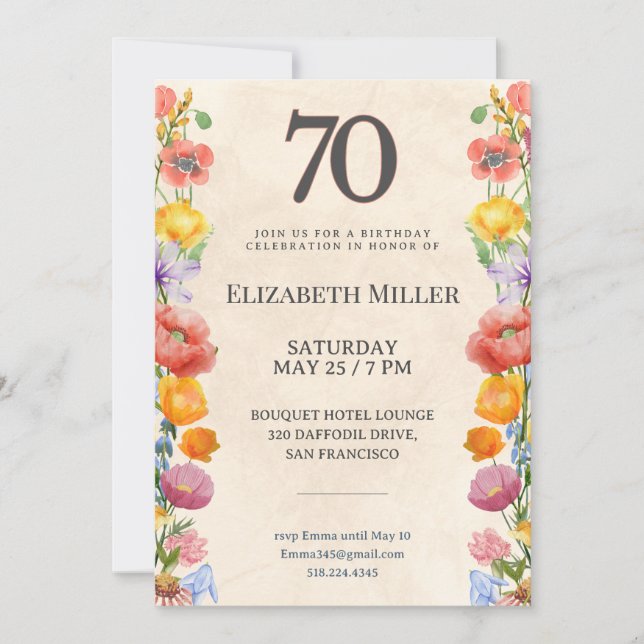 Invitation florale pour 70 ans – Conception élégan (Devant)