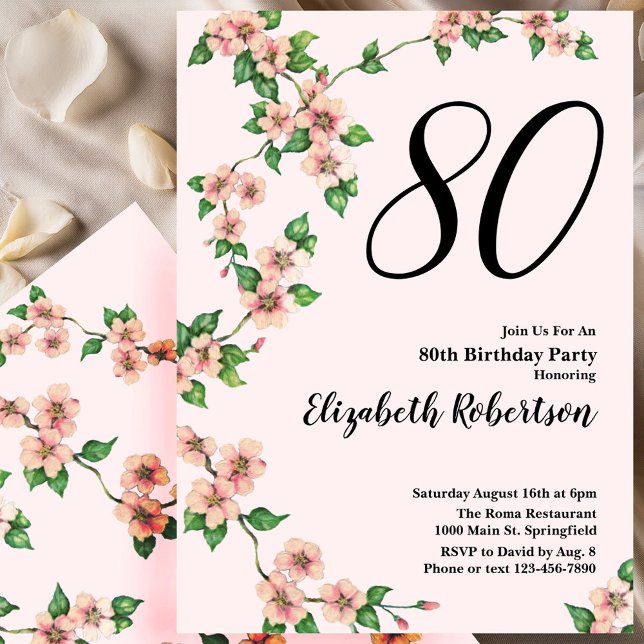 Invitation florale pour 80e anniversaire en rose t (Créateur téléchargé)