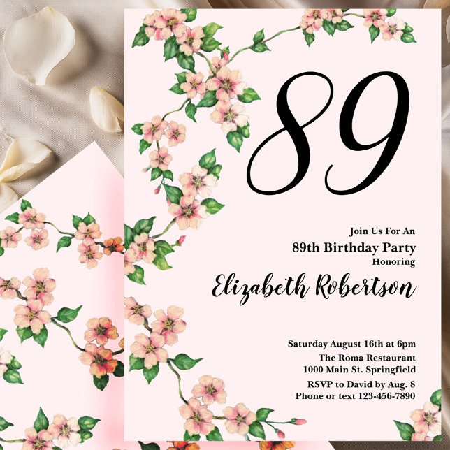 Invitation florale pour 89e anniversaire en rose t (Créateur téléchargé)