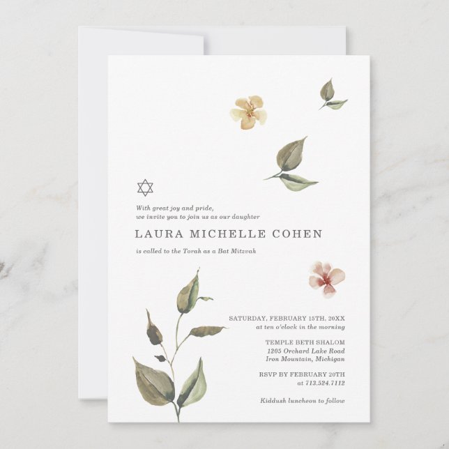 Invitation florale pour Bat Mitzvah botanique (Devant)